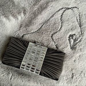 Lulu Townsend Black Satin Rhinestone Silver Crystals Jewel Evening Clutch Bag